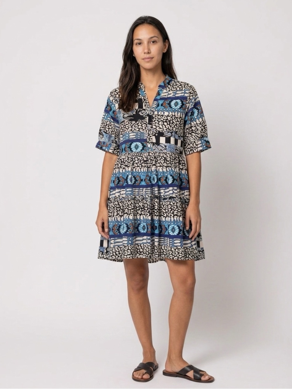 Leo & Ugo Paris Mixed Print Tiered Mini Dress Blue Black White Short Sleeve Sz 0
